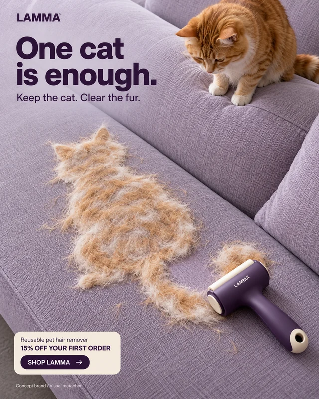 LAMMA: A second cat made of loose fur turns an everyday frustration into a visual punchline.