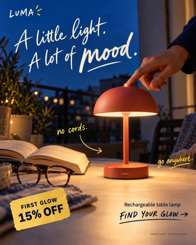LUMA: A warm portable lamp, a cool evening, and loose handwritten notes build a lived-in mood.
