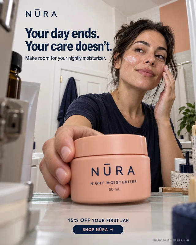 NŪRA: A bathroom-shelf point of view brings the product into a believable evening routine.