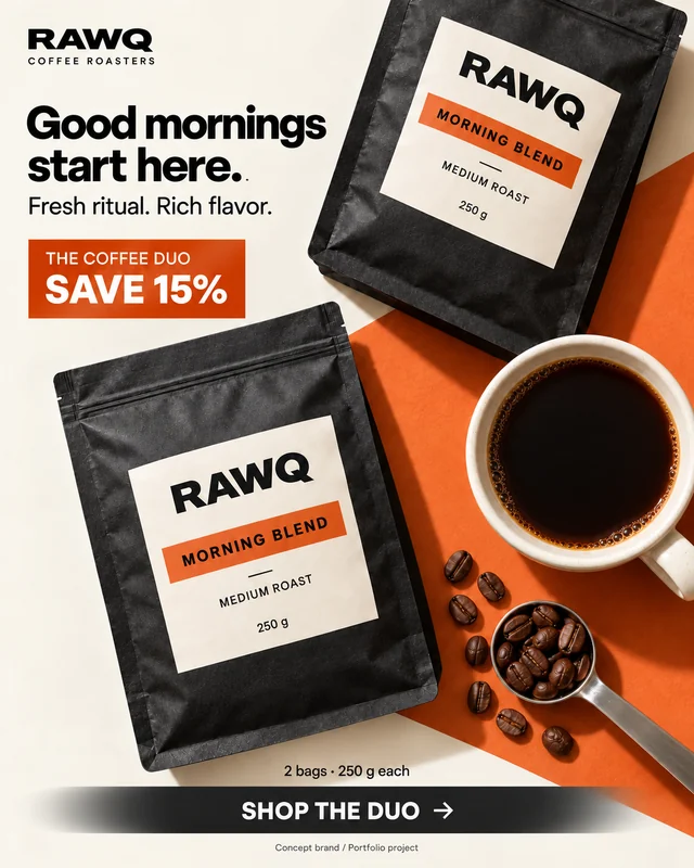 RAWQ: An overhead coffee ritual pairs bold packaging with a clear bundle offer.