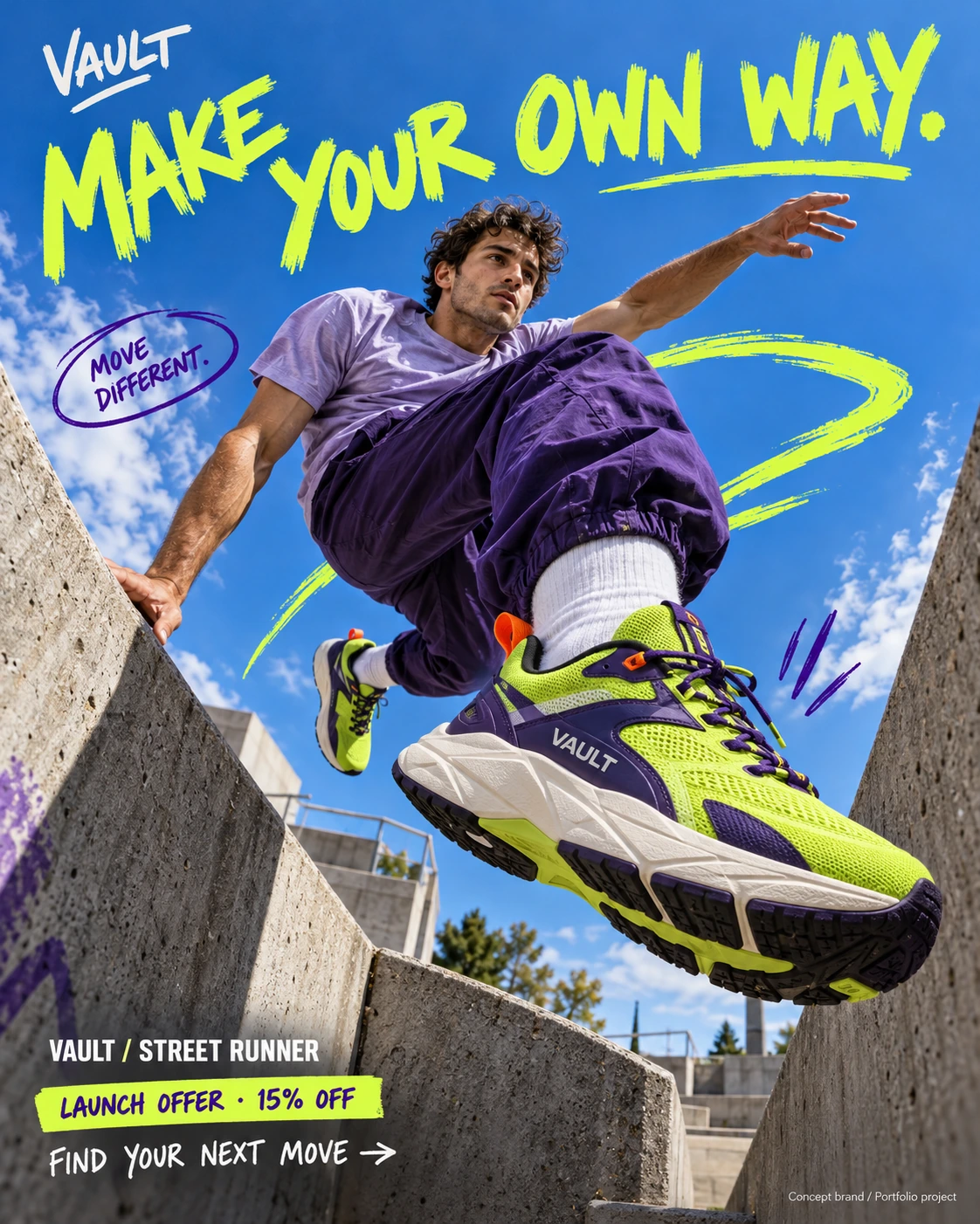 VAULT parkour sneaker concept advertisement