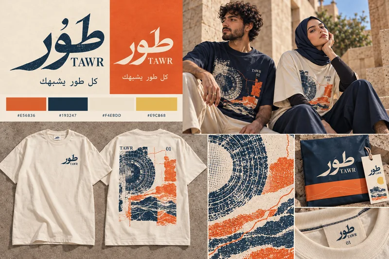 TAWR identity board: logo, colors, packaging and apparel